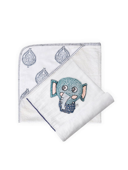 3 Pc Newborn Essential Set - Hooded Towel, Swaddle + Toy Rattle